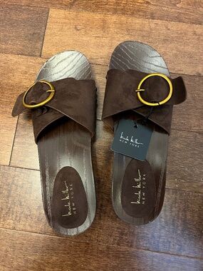 Nicole Miller Brown Suede Slide Sandals with Gold Buckle